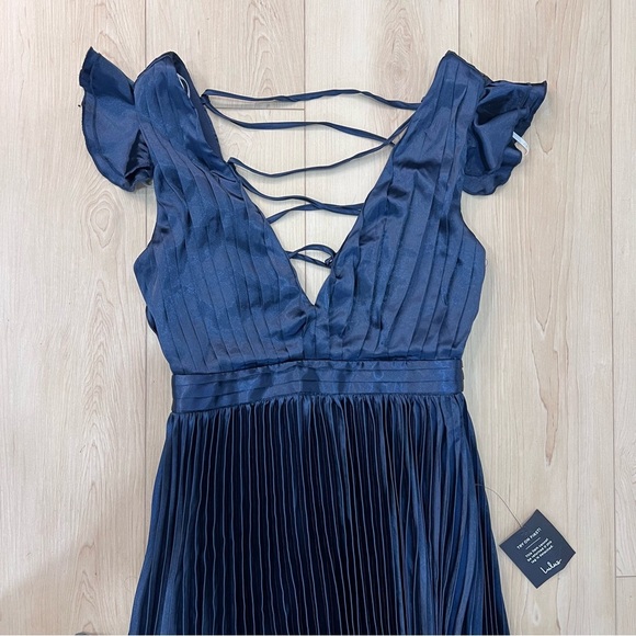 Lulu's Navy Satin Pleated Maxi Dress with Lace-Up Back - Picture 5 of 13